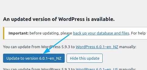 An arrow pointing to a button with Update to version 6.0.1. This is the version number of WordPress.